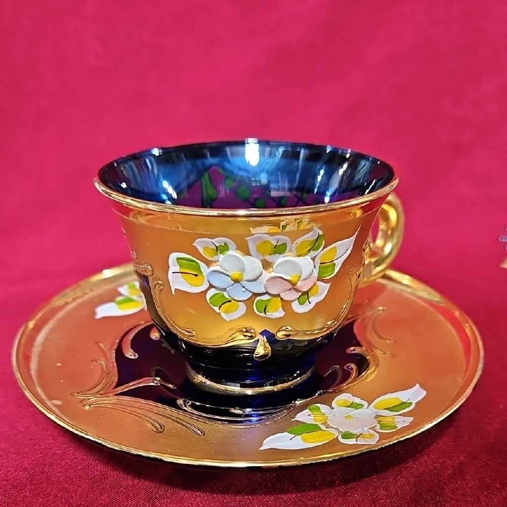 Vintage Venetian Art Glass High Enamel Cobalt Blue Gold Tea Cup Saucer Set of 2